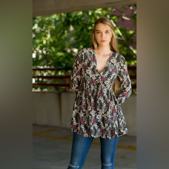 Free People Long Sleeve Stealing Fire V-neck Button Loop Bodice A-line Dress - Picture 11 of 12